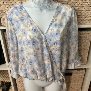 Floral Wrap Blouse in Light Blue and Cream